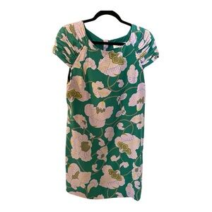 TIBI 100% Silk Shift Dress, Size 10, Green & Lavender Print, Shirred Sleeves.